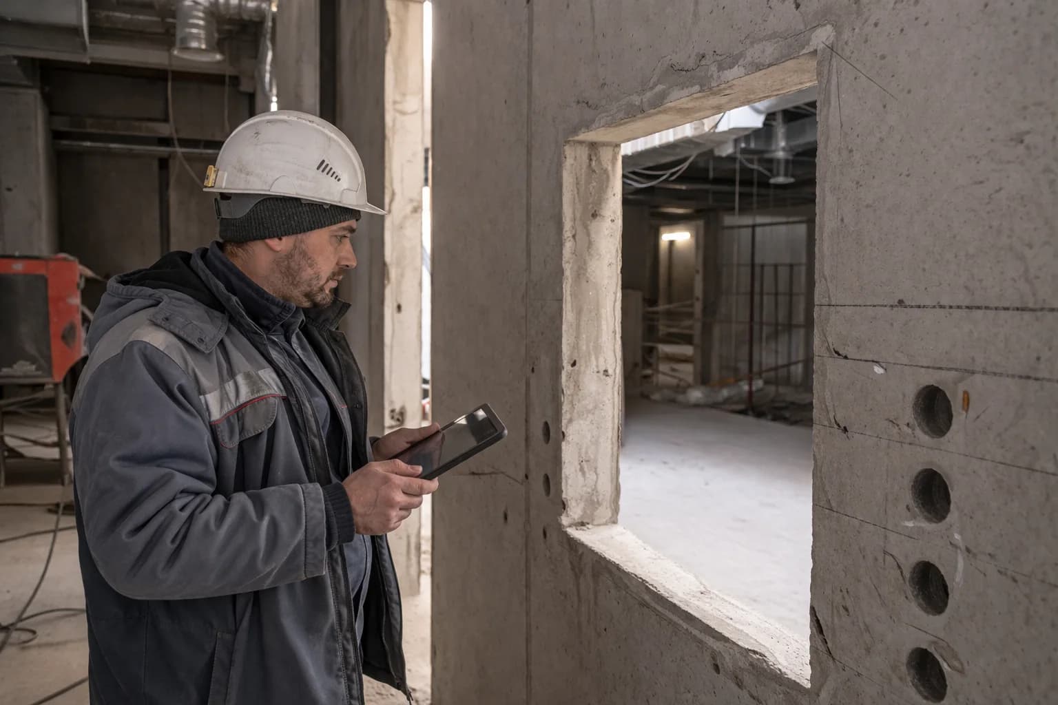 Инженер ALBUR66 фиксирует готовый проем и технологические отверстия на объекте